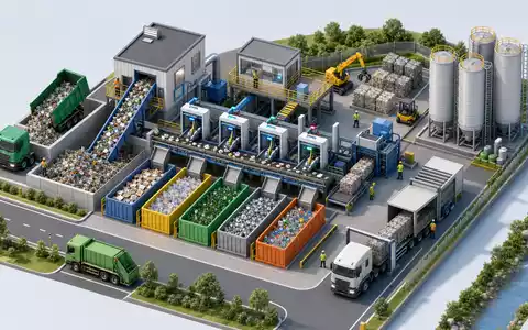 Isometrische 3D-Illustration der Wertschöpfungskette veranschaulicht den Sortierprozess von Tomra Systems ASA NO0005668905 - Foto: THN