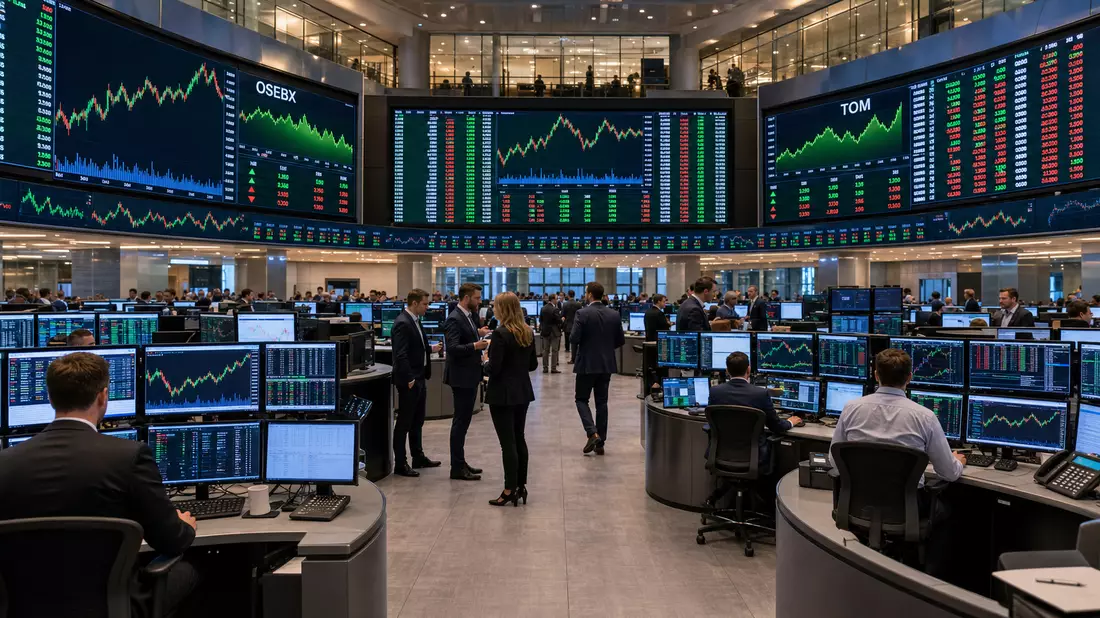 Trading-Floor mit großen Bildschirmen und Aktiencharts im Hintergrund