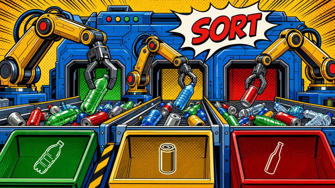 Comicstil-Illustration von Roboterarmen die Flaschen und Dosen sortieren