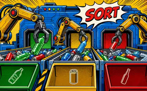 Farbenfrohe Pop-Art-Comicszene mit Sortierrobotern greift spielerisch das Kerngeschäftsfeld von Tomra Systems ASA NO0005668905 auf - Foto: THN