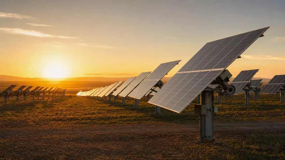 Fotorealistischer Solarpark mit Nachführ-Systemen bei Sonnenaufgang