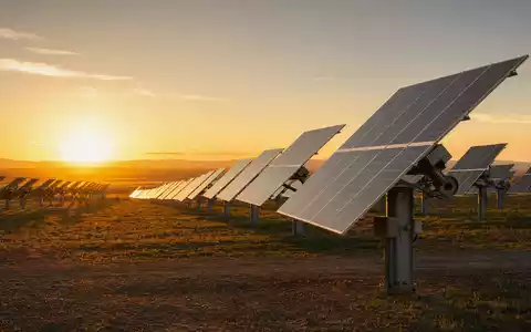 AES Corp. US00130H1059 utility-scale solar farm with sun-tracking panels at golden sunrise - Foto: THN