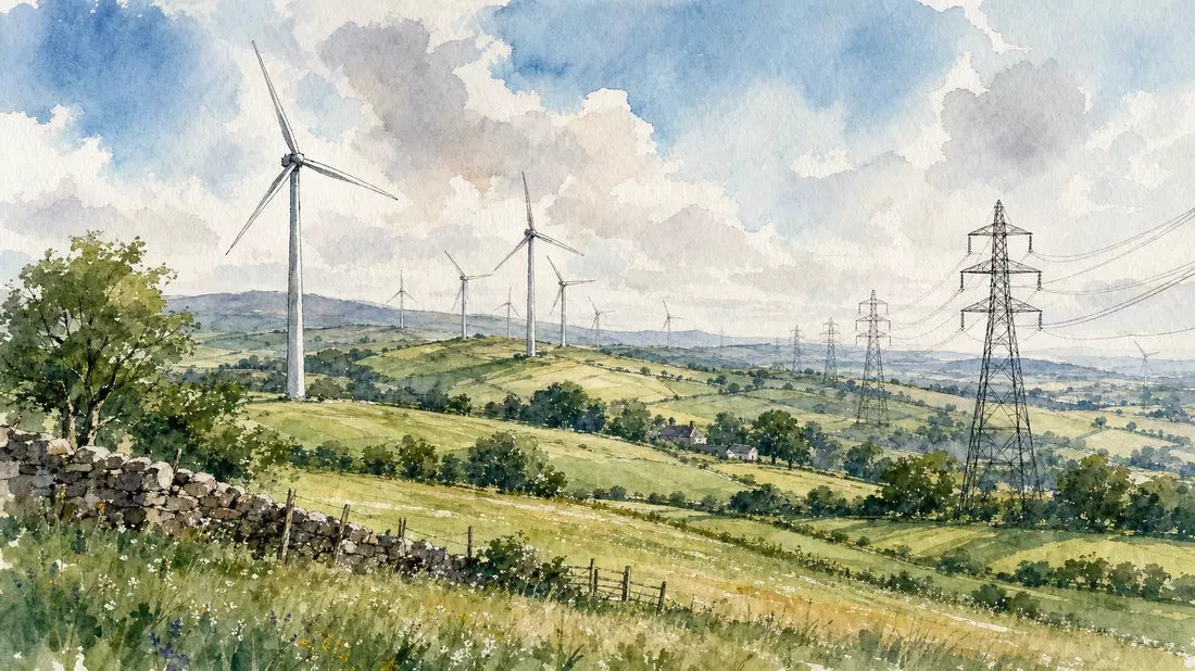 Aquarell einer Landschaft mit Windrädern und Hochspannungsleitungen