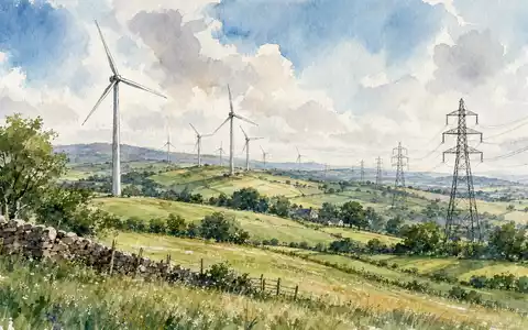 AES Corp. US00130H1059 watercolor landscape with wind turbines and high-voltage transmission lines - Foto: THN