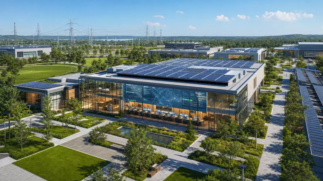 Architektur-Rendering eines modernen Utility-Campus mit Solardächern und Kontrollzentrum