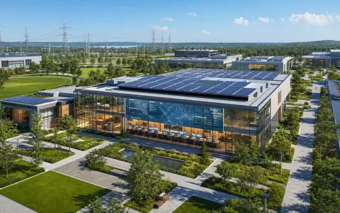 AES Corp. US00130H1059 architectural render of modern utility campus and grid control center - Foto: THN