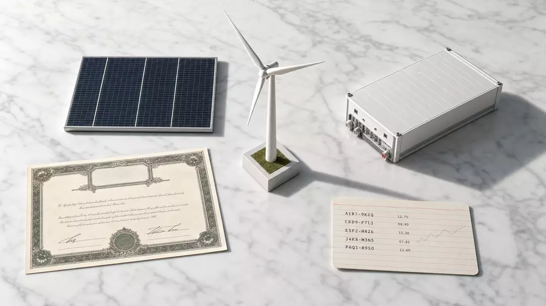 Flatlay mit Solarzellen-Modell, Windrad, Batteriemodul und Aktien-Zertifikat auf Marmor