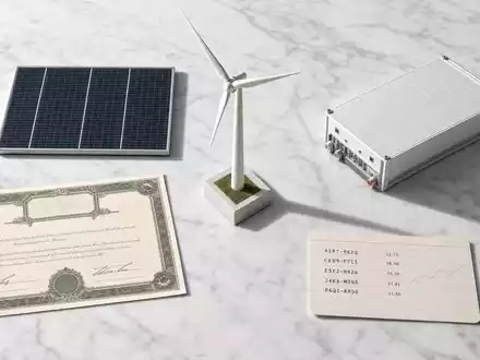 AES Corp. US00130H1059 flatlay of solar panel wind turbine model battery module and stock certificate - Foto: THN