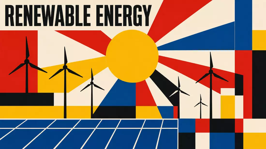 Bauhaus-Poster mit geometrischen Formen und RENEWABLE ENERGY Schrift in Primärfarben