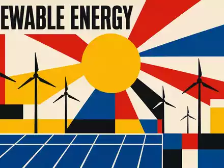 AES Corp. US00130H1059 Bauhaus geometric poster design with renewable energy wind and solar motifs - Foto: THN