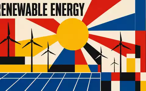 AES Corp. US00130H1059 Bauhaus geometric poster design with renewable energy wind and solar motifs - Foto: THN