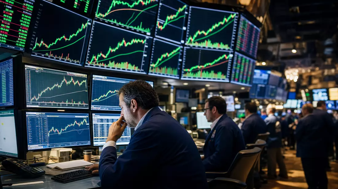 Börsen-Editorial: Händler an NYSE-Terminals mit Utility-Sektor-Charts auf Großbildschirmen