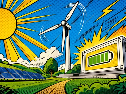 AES Corp. US00130H1059 pop art comic of stylized sun wind turbine and battery storage scene - Foto: THN