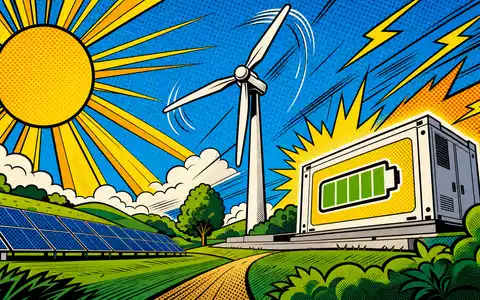AES Corp. US00130H1059 pop art comic of stylized sun wind turbine and battery storage scene - Foto: THN