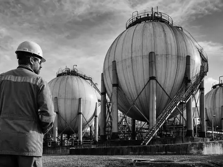 Air Products & Chemicals Inc. US0091581068 black and white technician before industrial gas storage spheres - Foto: THN