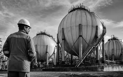 Air Products & Chemicals Inc. US0091581068 black and white technician before industrial gas storage spheres - Foto: THN