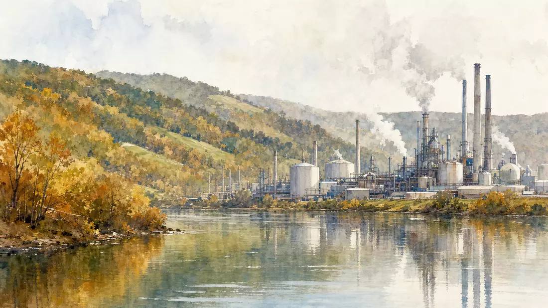 Aquarellmalerei einer pennsylvanischen Industrie-Flusslandschaft im Herbst