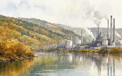 Air Products & Chemicals Inc. US0091581068 watercolor Pennsylvania industrial riverside landscape autumn colors - Foto: THN