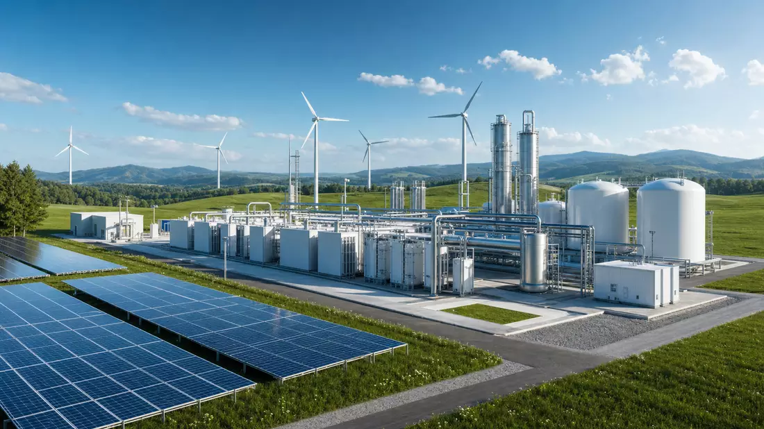 Architektur-CGI-Render einer modernen Green-Hydrogen-Anlage mit Solar und Wind
