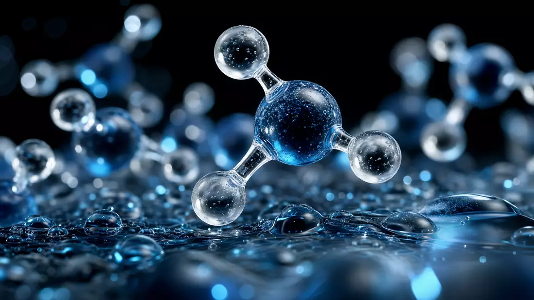 Makroaufnahme von Wassermolekül-Struktur mit Elektrolyt-Tropfen und Blasen