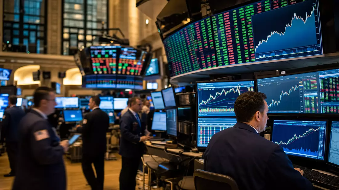 NYSE-Börsenparkett mit Händlern und Chemie-Sektor-Charts auf großen Anzeigetafeln