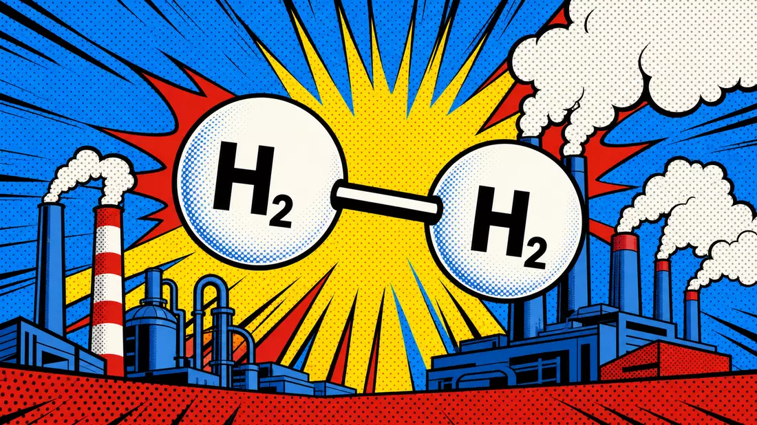 Pop-Art-Comic mit H2-Molekül-Szene und Industrie-Fabrik im Lichtenstein-Stil