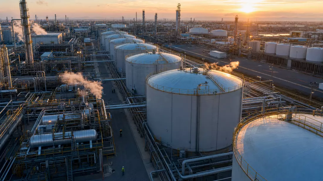 Luftbild einer Industriegasanlage mit kryogenen Tanks bei Abenddämmerung