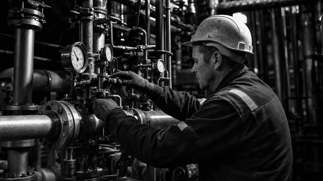 Schwarz-Weiß-Reportage eines Technikers an Gasleitungen und Manometern
