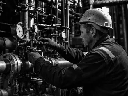 Air Liquide S.A. Techniker inspiziert Hochdruck-Gasleitungen und Ventile im Werk, ISIN FR0000120073 - Foto: THN