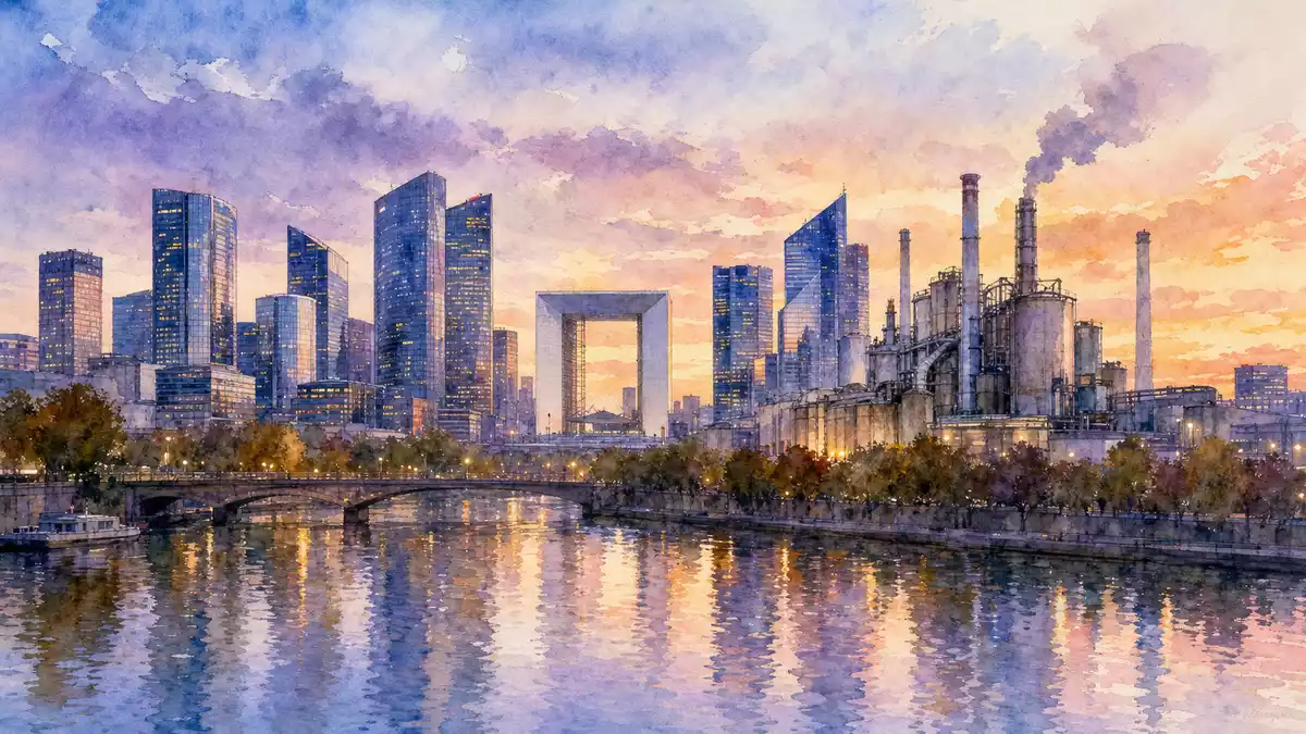 Aquarellgemälde der Pariser La-Défense-Skyline mit Grande Arche und Industriebau