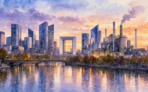 Air Liquide S.A. Aquarell von Paris La Défense Skyline mit Industriegebäude, ISIN FR0000120073 - Foto: THN