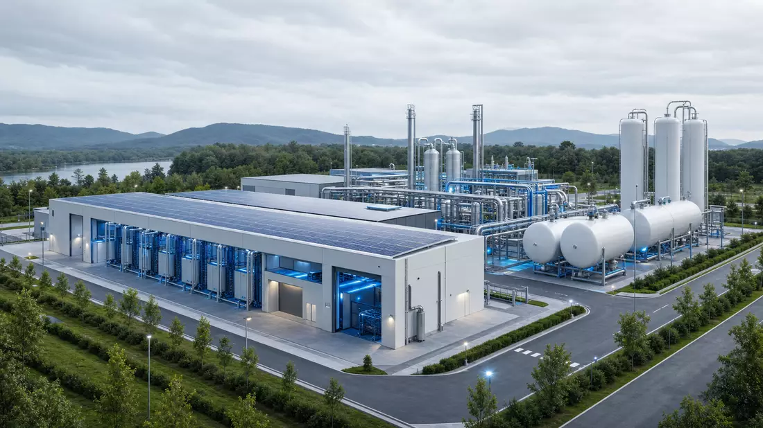 Architektonische 3D-Visualisierung einer modernen Wasserstoffproduktionsanlage