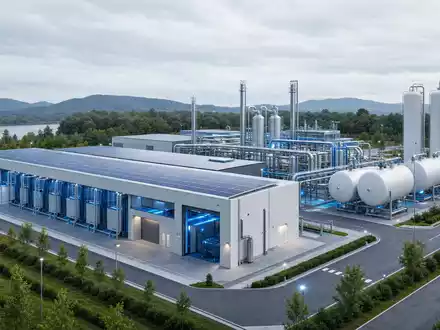 Air Liquide S.A. moderner Render einer Wasserstoff Produktionsanlage mit Solarzellen auf dem Dach, ISIN FR0000120073 - Foto: THN