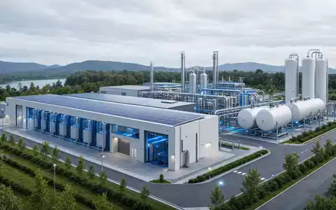 Air Liquide S.A. moderner Render einer Wasserstoff Produktionsanlage mit Solarzellen auf dem Dach, ISIN FR0000120073 - Foto: THN