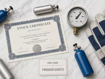Air Liquide S.A. Flatlay mit Gasflaschen, Manometer, Schutzhandschuhen, Aktien-Zertifikat und ISIN-Karte FR0000120073 - Foto: THN