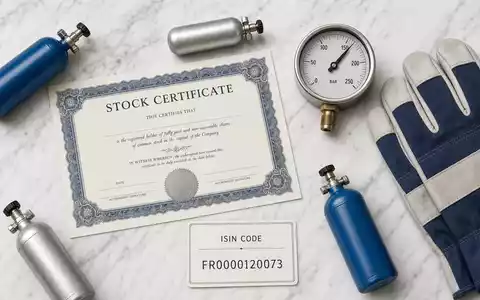 Air Liquide S.A. Flatlay mit Gasflaschen, Manometer, Schutzhandschuhen, Aktien-Zertifikat und ISIN-Karte FR0000120073 - Foto: THN