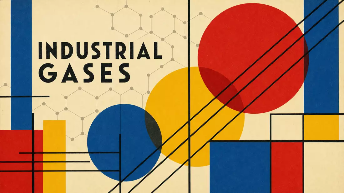 Bauhaus-Plakatdesign mit Schriftzug INDUSTRIAL GASES und geometrischen Primärfarben