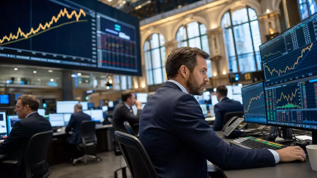 Redaktionsfoto eines Euronext-Pariser Handelsfloors mit Kursdiagrammen auf Bildschirmen
