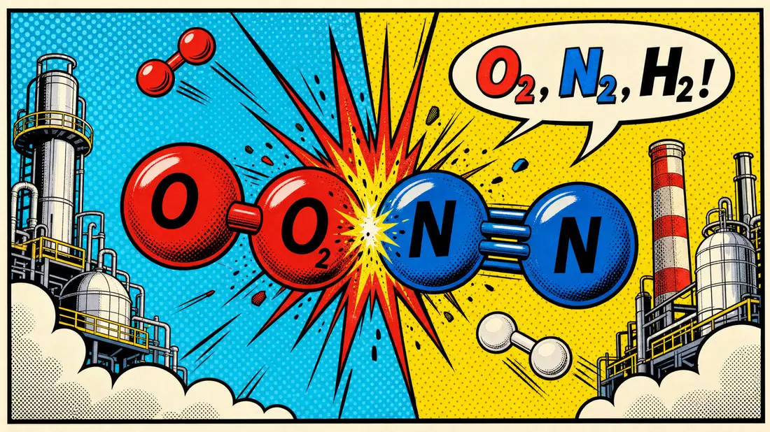 Pop-Art-Comicbild mit stilisierten Sauerstoff- und Stickstoffmolekülen im Lichtenstein-Stil