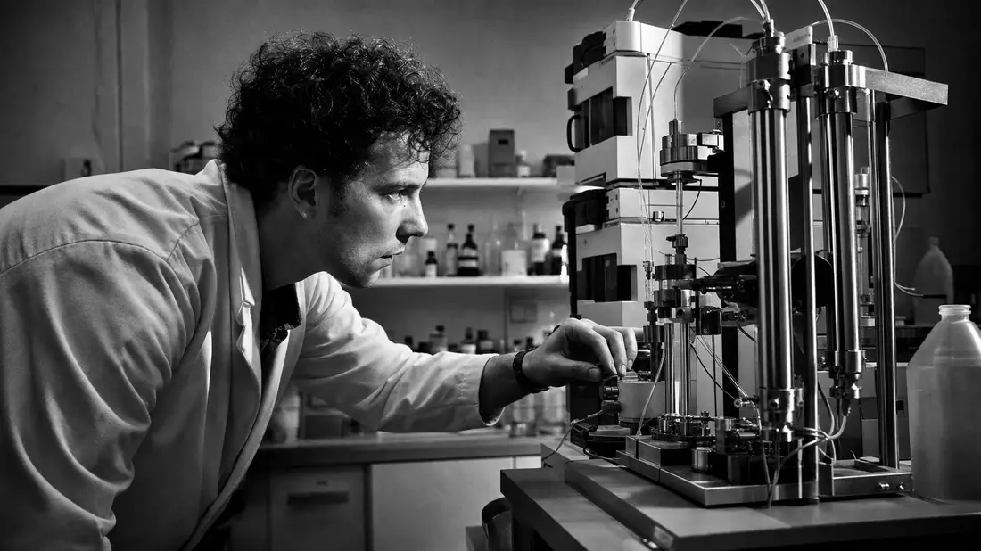 Schwarz-Weiß-Reportage: Wissenschaftler an Chromatograph – Agilent Technologies