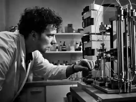 Agilent Technologies Inc. (US00846U1016) black-and-white documentary scientist operating chromatography instrument dramatic reportage - Foto: THN