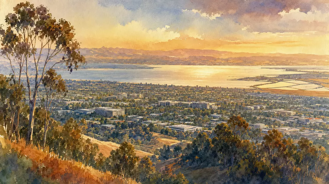 Aquarell der Silicon Valley Bay Area bei Sonnenuntergang – Agilent Technologies