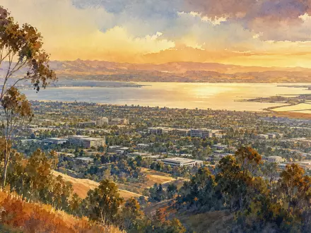 Agilent Technologies Inc. (US00846U1016) watercolor panorama Silicon Valley Bay Area golden hour landscape painting - Foto: THN