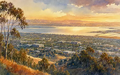 Agilent Technologies Inc. (US00846U1016) watercolor panorama Silicon Valley Bay Area golden hour landscape painting - Foto: THN