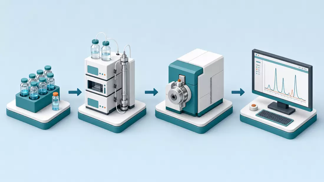 Isometrisches 3D-Workflow-Diagramm: Probe, HPLC, MS, Datenanalyse – Agilent