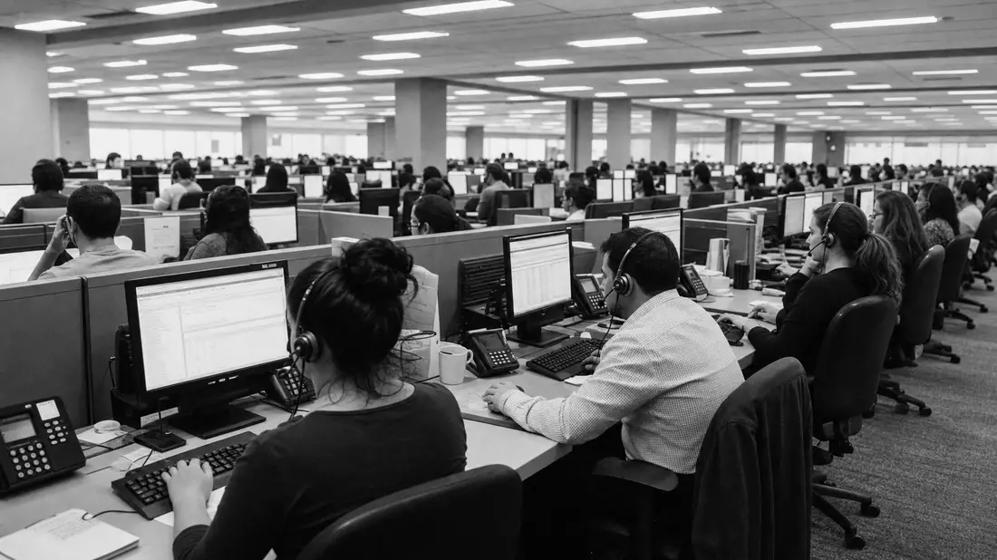 Schwarzweiß: Großes Versicherungs-Callcenter mit Mitarbeitern