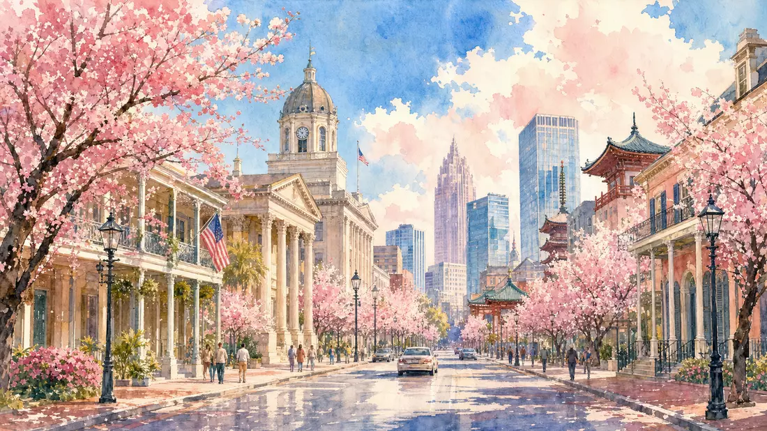 Aquarell: Südstaaten-Boulevard mit Kirschblüten und Skyline