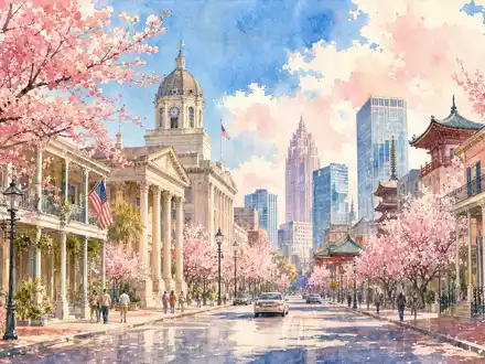AFLAC Inc. watercolor cityscape blending Columbus Georgia and Tokyo architecture, ISIN US0010551028 market presence - Foto: THN