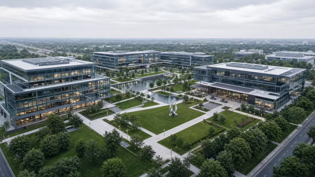 Architektur-Render: Moderner Versicherungscampus mit Glasbauten