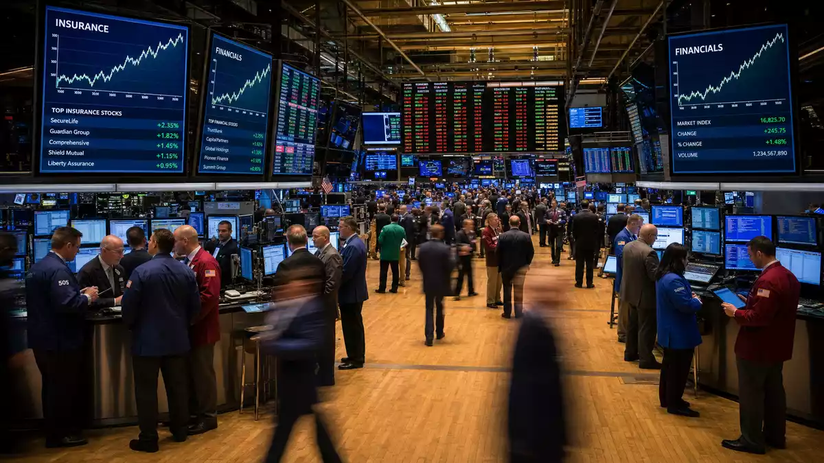 Börsen-Editorial: NYSE-Handelssaal mit Finanzkursen auf Bildschirmen